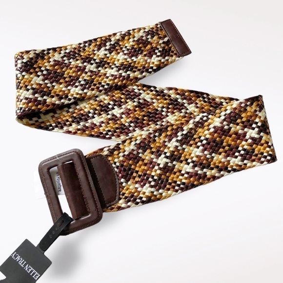 ELLEN Tracy Wide Woven Belt Coated Soft Multicolor Brown Mustard New M/ L - Picture 3 of 10